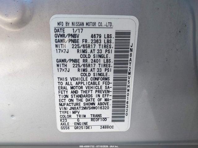 Aukcja sprzedaży 2017 Nissan Rogue Sv, vin: JN8AT2MV5HW016320, numer aukcji: 45591732