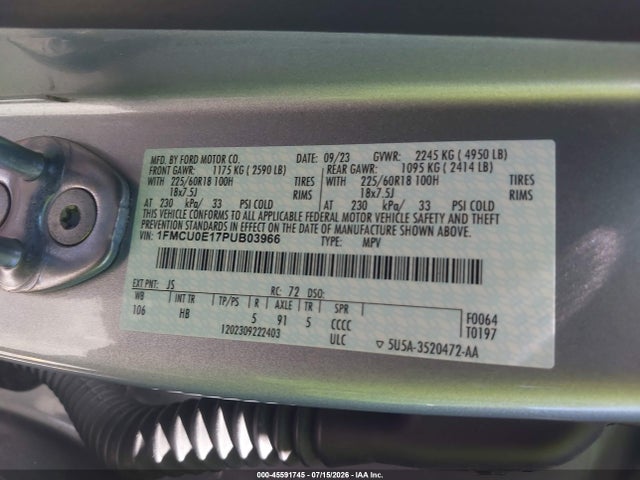 1FMCU0E17PUB03966 Ford Escape Phev