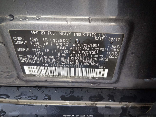 Продаж на аукціоні авто 2014 Subaru Outback 2.5i Premium, vin: 4S4BRBCC2E3229927, номер лоту: 45591759