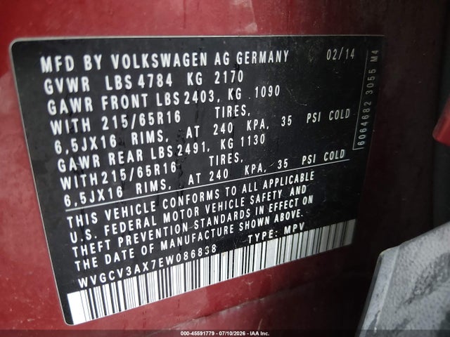 Продажа на аукционе авто 2014 Volkswagen Tiguan S, vin: WVGCV3AX7EW086838, номер лота: 45591779
