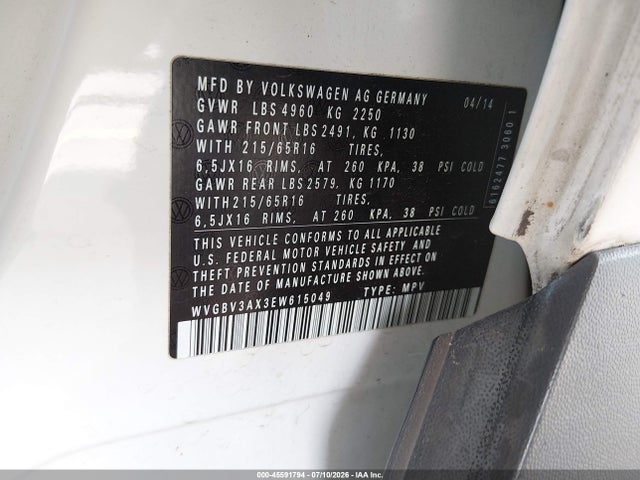 Продаж на аукціоні авто 2014 Volkswagen Tiguan S, vin: WVGBV3AX3EW615049, номер лоту: 45591794