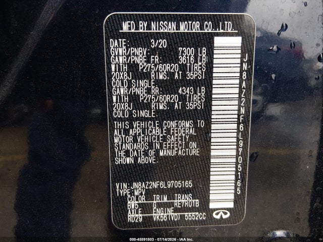 Aukcja sprzedaży 2020 Infiniti Qx80 Luxe, vin: JN8AZ2NF6L9705165, numer aukcji: 45591803