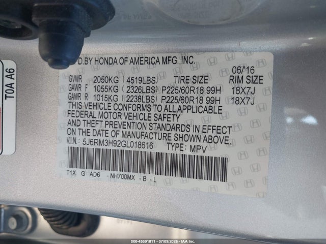 5J6RM3H92GL018616 Honda Cr-v Touring