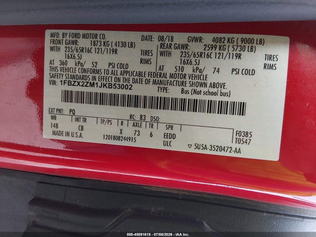 1FBZX2ZM1JKB53002 Ford Transit-350 Xl