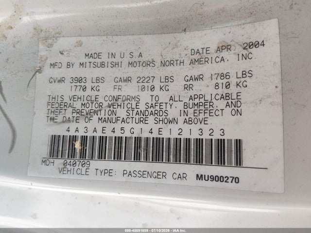 Продаж на аукціоні авто 2004 Mitsubishi Eclipse Spyder Gs, vin: 4A3AE45G14E121323, номер лоту: 45591859
