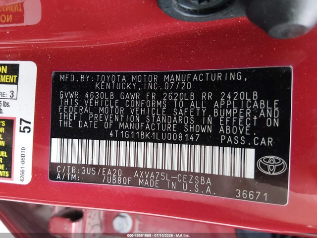 2020 Toyota Camry Se Awd მანქანა იყიდება აუქციონზე, vin: 4T1G11BK1LU008147, აუქციონის ნომერი: 45591869