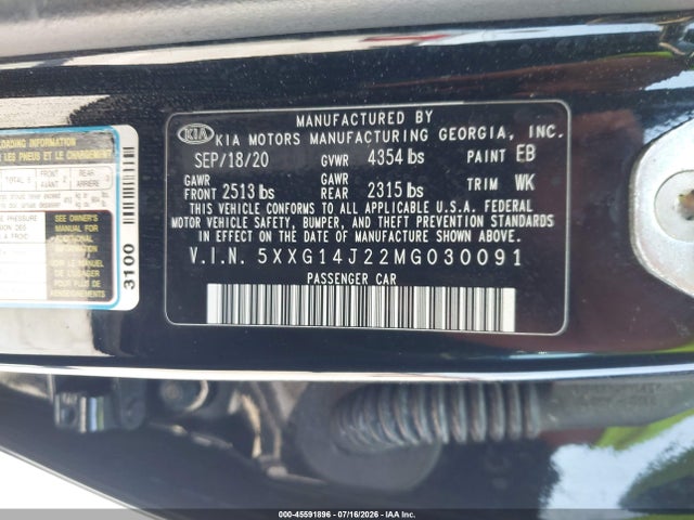 Auction sale of the 2021 Kia K5 Lxs, vin: 5XXG14J22MG030091, lot number: 45591896