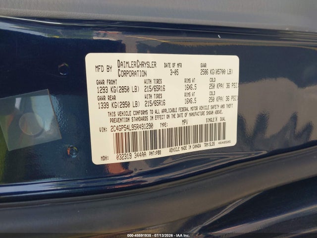 2005 Chrysler Town & Country Touring მანქანა იყიდება აუქციონზე, vin: 2C4GP54L95R491290, აუქციონის ნომერი: 45591935