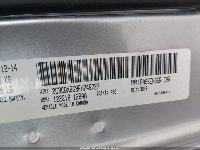 45591936 :رقم المزاد ، 2C3CDXBG9FH748727 vin ، 2015 Dodge Charger Se مزاد بيع
