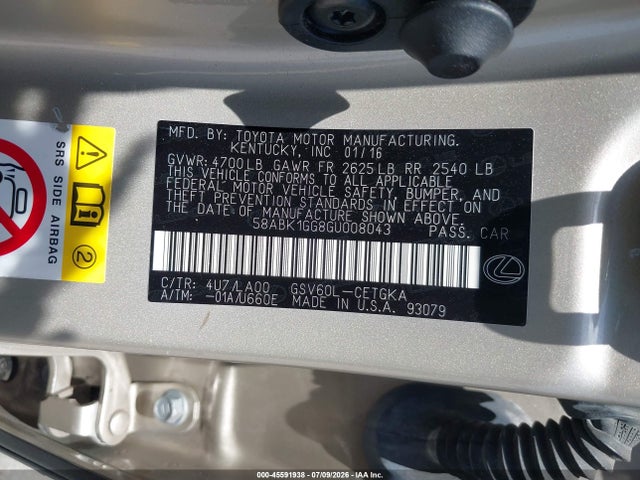 Продажа на аукционе авто 2016 Lexus Es 350, vin: 58ABK1GG8GU008043, номер лота: 45591938