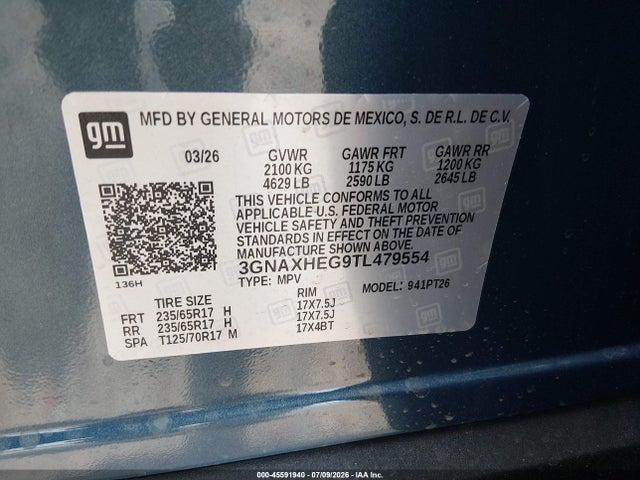 Aukcja sprzedaży 2026 Chevrolet Equinox Fwd Lt, vin: 3GNAXHEG9TL479554, numer aukcji: 45591940