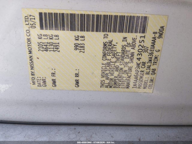 Продаж на аукціоні авто 2017 Nissan Maxima 3.5 Sr, vin: 1N4AA6AP3HC430251, номер лоту: 45591960