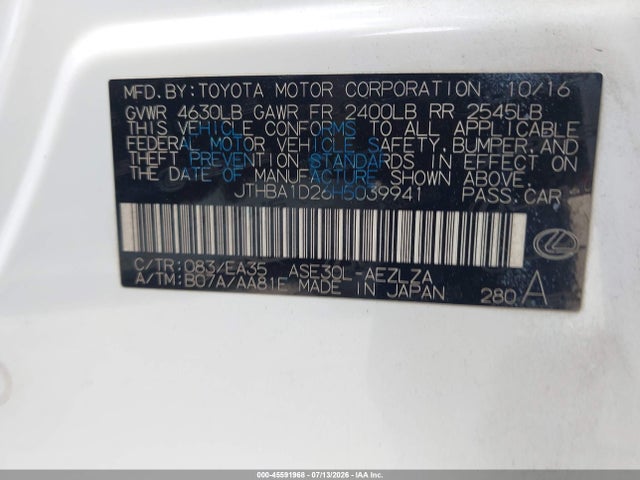 Aukcja sprzedaży 2017 Lexus Is 200t, vin: JTHBA1D26H5039941, numer aukcji: 45591968