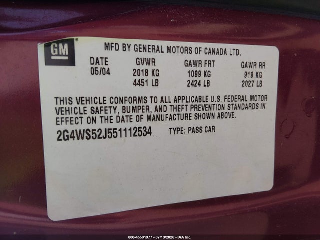 Aukcja sprzedaży 2005 Buick Century, vin: 2G4WS52J551112534, numer aukcji: 45591977