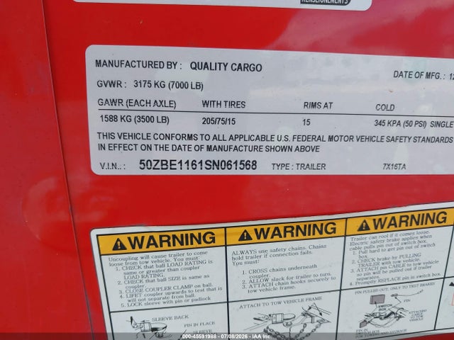 2025 Quality Cargo Trailer მანქანა იყიდება აუქციონზე, vin: 50ZBE1161SN061568, აუქციონის ნომერი: 45591988