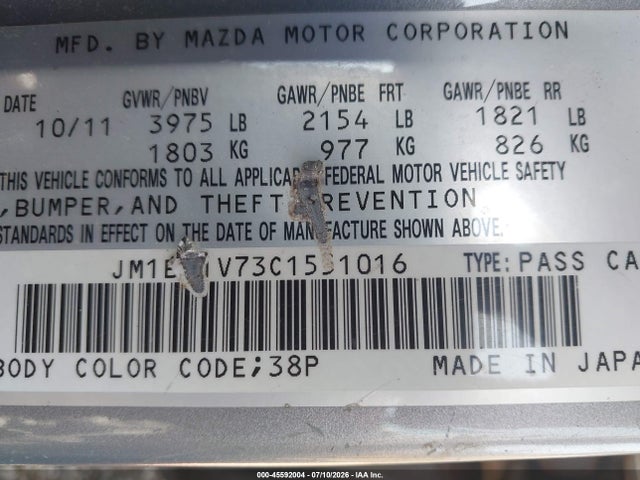 Продаж на аукціоні авто 2012 Mazda Mazda3 I Touring, vin: JM1BL1V73C1551016, номер лоту: 45592004