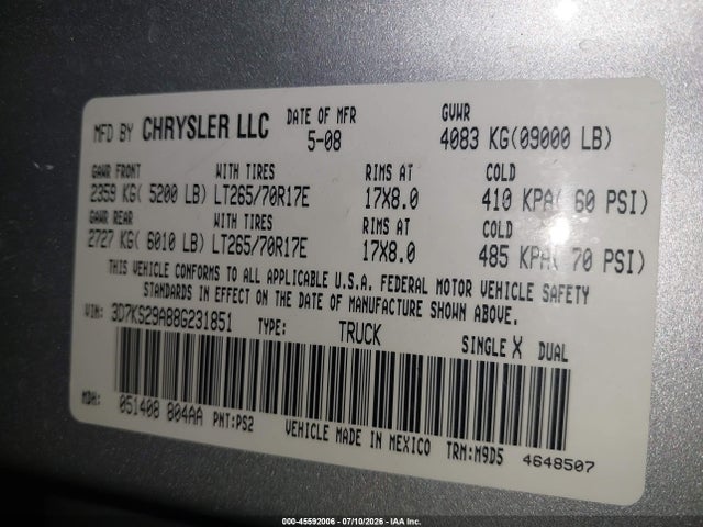 Aukcja sprzedaży 2008 Dodge Ram 2500 Sxt/slt, vin: 3D7KS29A88G231851, numer aukcji: 45592006