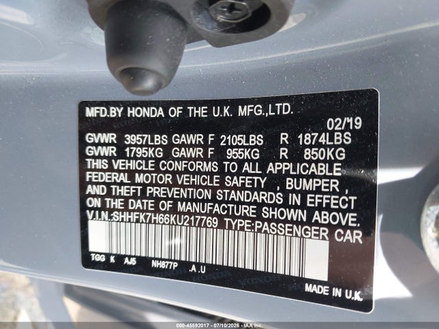 2019 Honda Civic Ex მანქანა იყიდება აუქციონზე, vin: SHHFK7H66KU217769, აუქციონის ნომერი: 45592017