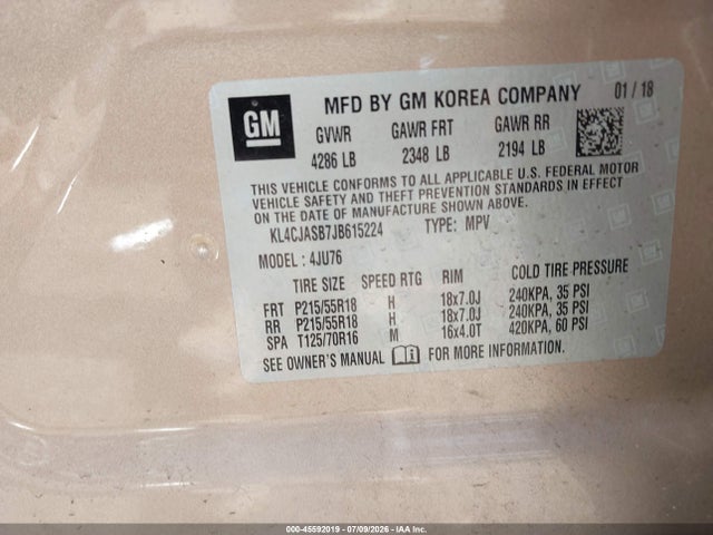 2018 Buick Encore Preferred მანქანა იყიდება აუქციონზე, vin: KL4CJASB7JB615224, აუქციონის ნომერი: 45592019