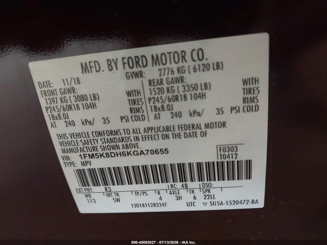 Aukcja sprzedaży 2019 Ford Explorer Xlt, vin: 1FM5K8DH6KGA70655, numer aukcji: 45592027