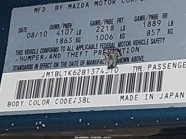 45592055 :رقم المزاد ، JM1BL1K62B1374310 vin ، 2011 Mazda Mazda3 S Sport مزاد بيع