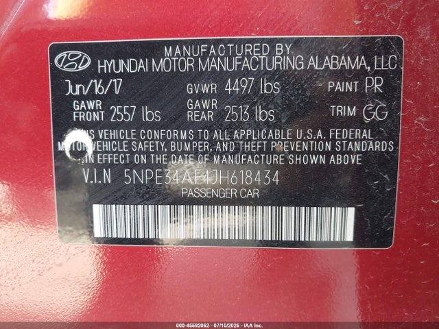 5NPE34AF4JH618434 Hyundai SONATA SEL