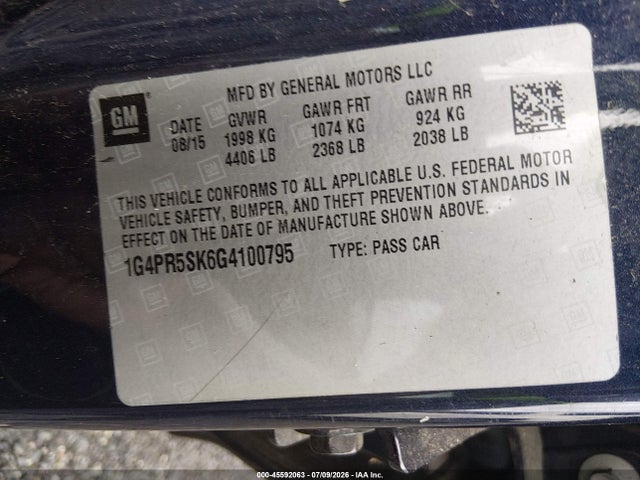 2016 Buick Verano Convenience Group მანქანა იყიდება აუქციონზე, vin: 1G4PR5SK6G4100795, აუქციონის ნომერი: 45592063
