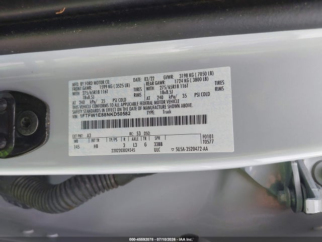 Ford F-150 Lariat 2022 1FTFW1E88NKD50582 Image 9