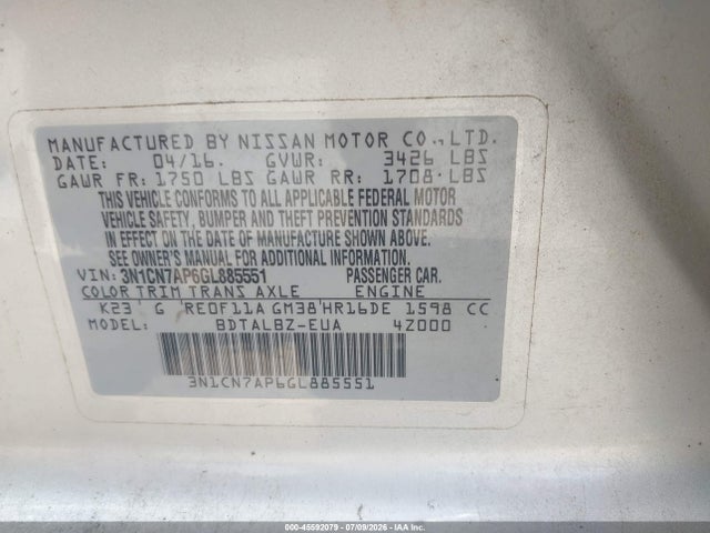 Nissan Versa 1.6 Sv 2016 3N1CN7AP6GL885551 Image 9