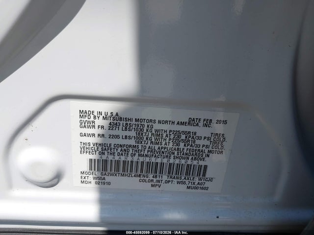 45592099 :رقم المزاد ، 4A4AR3AU6FE026054 vin ، 2015 Mitsubishi Outlander Sport Es مزاد بيع