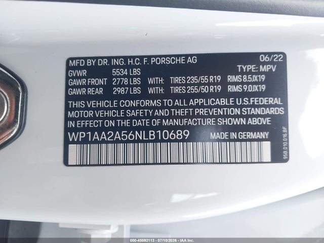 2022 Porsche Macan მანქანა იყიდება აუქციონზე, vin: WP1AA2A56NLB10689, აუქციონის ნომერი: 45592113