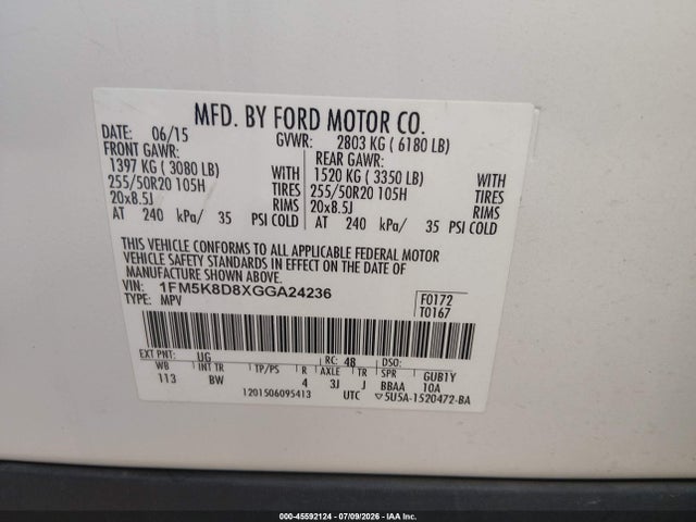Aukcja sprzedaży 2016 Ford Explorer Xlt, vin: 1FM5K8D8XGGA24236, numer aukcji: 45592124
