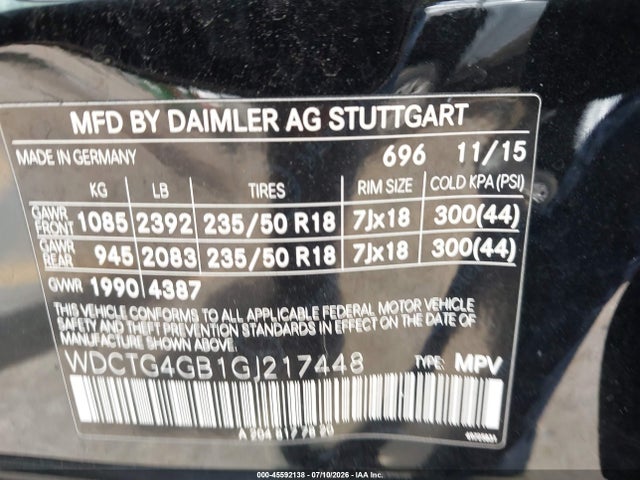 2016 Mercedes-benz Gla 250 4matic მანქანა იყიდება აუქციონზე, vin: WDCTG4GB1GJ217448, აუქციონის ნომერი: 45592138