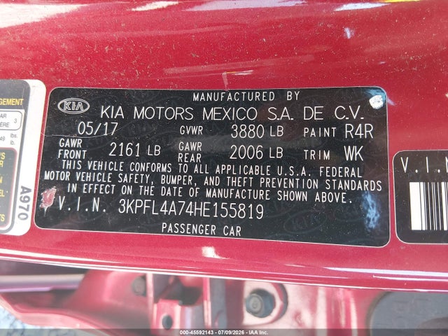 2017 Kia Forte S მანქანა იყიდება აუქციონზე, vin: 3KPFL4A74HE155819, აუქციონის ნომერი: 45592143