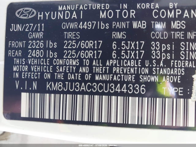 2012 Hyundai Tucson Gls მანქანა იყიდება აუქციონზე, vin: KM8JU3AC3CU344336, აუქციონის ნომერი: 45592147