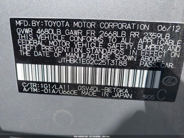 2012 Lexus Es 350 მანქანა იყიდება აუქციონზე, vin: JTHBK1EG2C2513188, აუქციონის ნომერი: 45592148