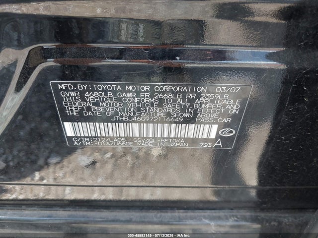 Продаж на аукціоні авто 2007 Lexus Es 350, vin: JTHBJ46G972116649, номер лоту: 45592149