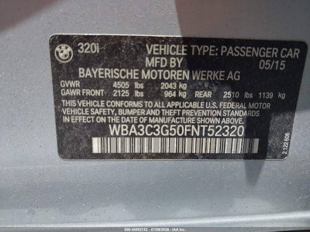 45592152 :رقم المزاد ، WBA3C3G50FNT52320 vin ، 2015 Bmw 320i Xdrive مزاد بيع