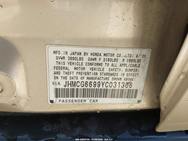 Aukcja sprzedaży 2000 Honda Accord 2.3 Se, vin: JHMCG6699YC031306, numer aukcji: 45592154
