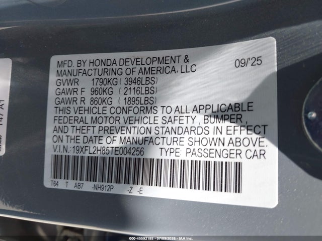 2026 Honda Civic Sport მანქანა იყიდება აუქციონზე, vin: 19XFL2H85TE004256, აუქციონის ნომერი: 45592188
