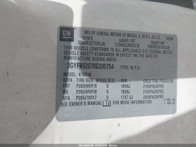 2008 Cadillac Escalade Ext Standard მანქანა იყიდება აუქციონზე, vin: 3GYFK62878G306754, აუქციონის ნომერი: 45592196