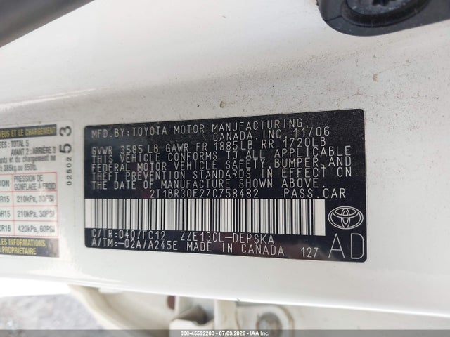 Aukcja sprzedaży 2007 Toyota Corolla S, vin: 2T1BR30E27C758482, numer aukcji: 45592203