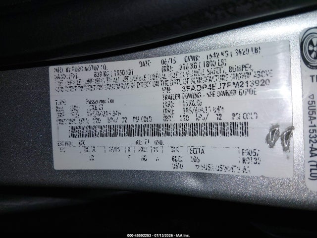 45592253 :رقم المزاد ، 3FADP4EJ7FM213920 vin ، 2015 Ford Fiesta Se مزاد بيع