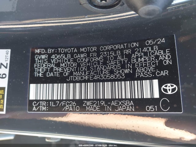 2024 Toyota Corolla Hybrid Se მანქანა იყიდება აუქციონზე, vin: JTDBCMFE4R3058053, აუქციონის ნომერი: 45592269