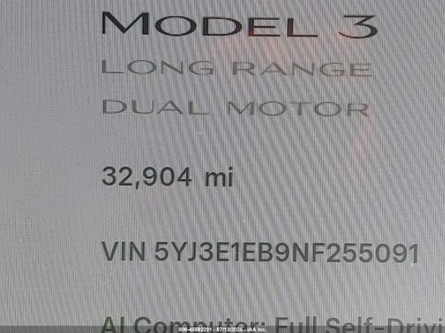 2022 Tesla Model 3 Long Range Dual Motor All-wheel Drive მანქანა იყიდება აუქციონზე, vin: 5YJ3E1EB9NF255091, აუქციონის ნომერი: 45592291