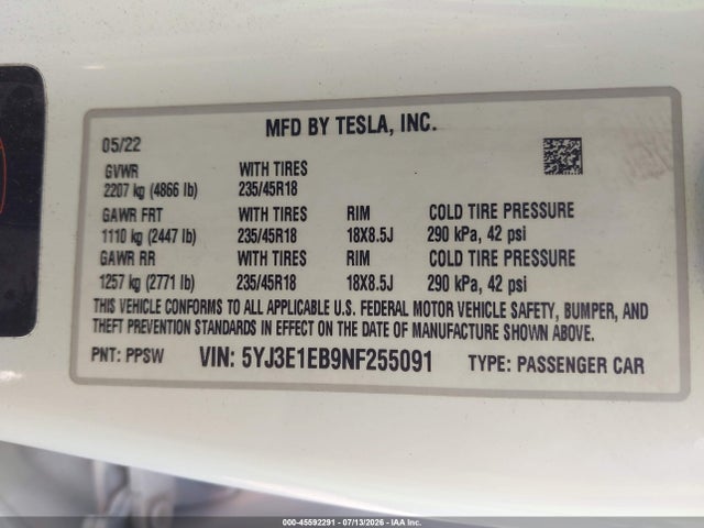 2022 Tesla Model 3 Long Range Dual Motor All-wheel Drive მანქანა იყიდება აუქციონზე, vin: 5YJ3E1EB9NF255091, აუქციონის ნომერი: 45592291