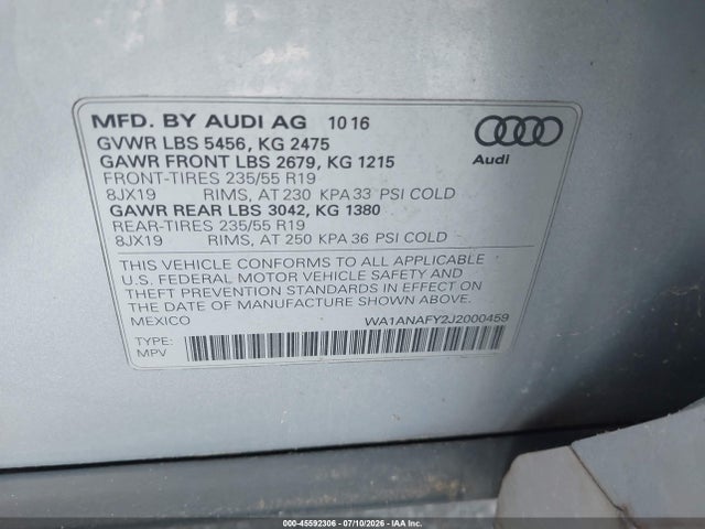 Aukcja sprzedaży 2018 Audi Q5 2.0t Premium/2.0t Tech Premium, vin: WA1ANAFY2J2000459, numer aukcji: 45592306