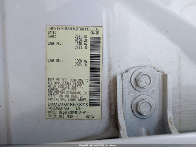 45592312 :رقم المزاد ، 1N4AA5AP2AC865875 vin ، 2010 Nissan Maxima 3.5 Sv مزاد بيع