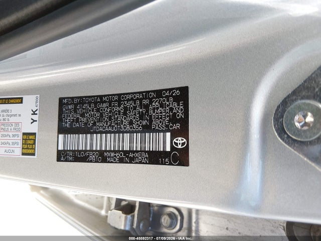 Auction sale of the 2026 Toyota Prius Le, vin: JTDACAAU0T3080356, lot number: 45592317
