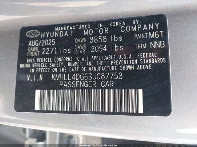 45592320 :رقم المزاد ، KMHLL4DG6SU087753 vin ، 2025 Hyundai Elantra Se مزاد بيع